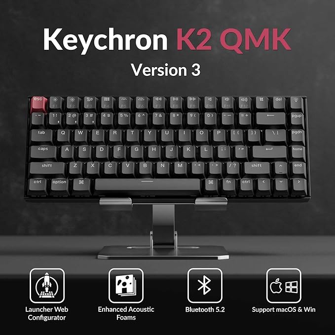 Keychron K2 75% Layout QMK Wireless and Wired Options Mechanical Keyboard Super Brown Switch, Paired with Shine-Through Double-Shot PBT Keycaps for Mac Windows-Version 3