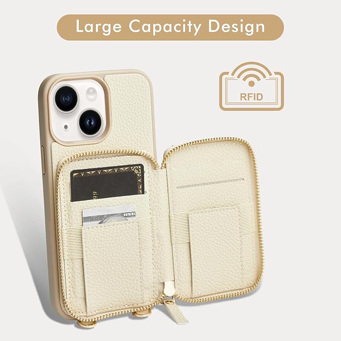 LAMEEKU for iPhone 15 Wallet Case with Credit Card Holder, Zipper Leather Crossbody Case with Phone Grip Holder Stand Wrist Strap Lanyard for Women for Apple iPhone 15 6.1 inch Beige