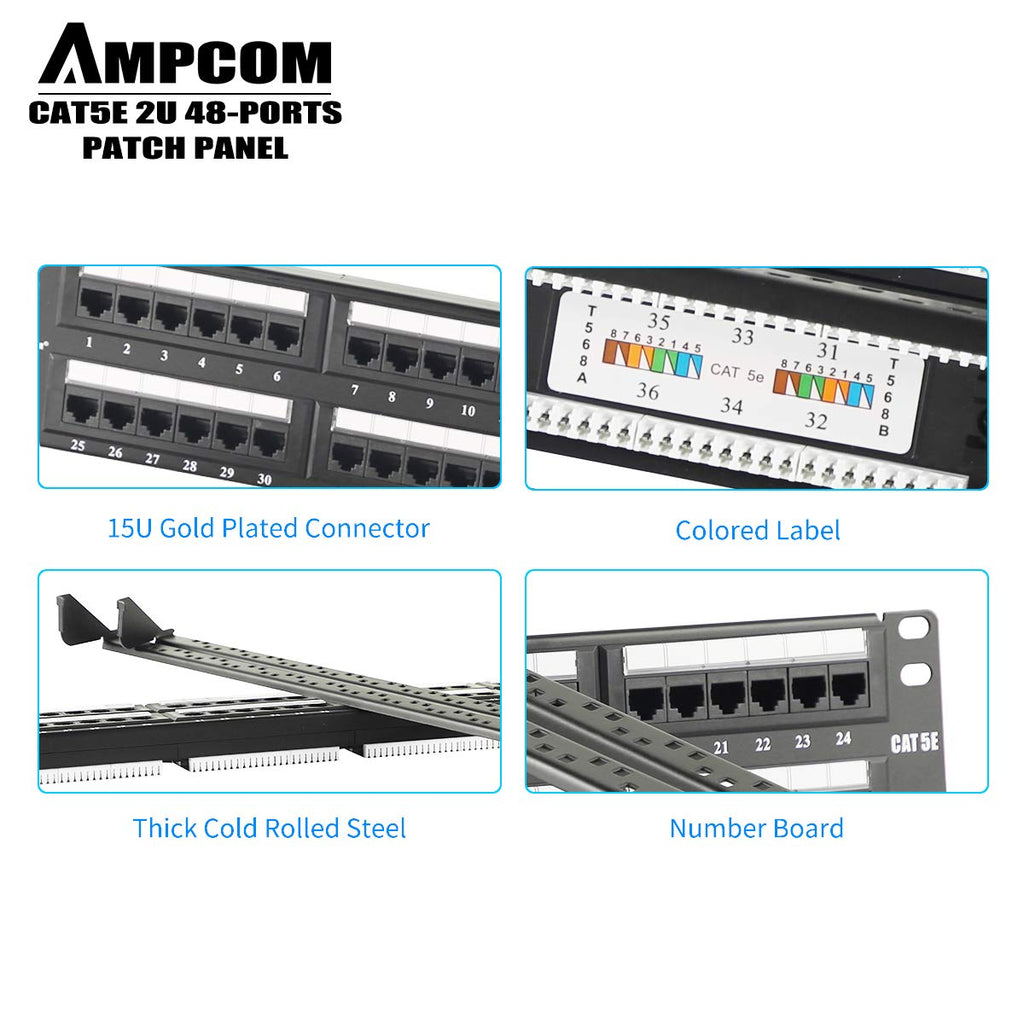 AMPCOM Premium Series CAT5/5e 48 Ports Patch Panel, Rack Mount - 2U, 19 inch, RJ45 Ethernet 568A 568B, 30u Gold Plated, with Rear Cable Support Bar