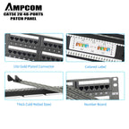 AMPCOM Premium Series CAT5/5e 48 Ports Patch Panel, Rack Mount - 2U, 19 inch, RJ45 Ethernet 568A 568B, 30u Gold Plated, with Rear Cable Support Bar