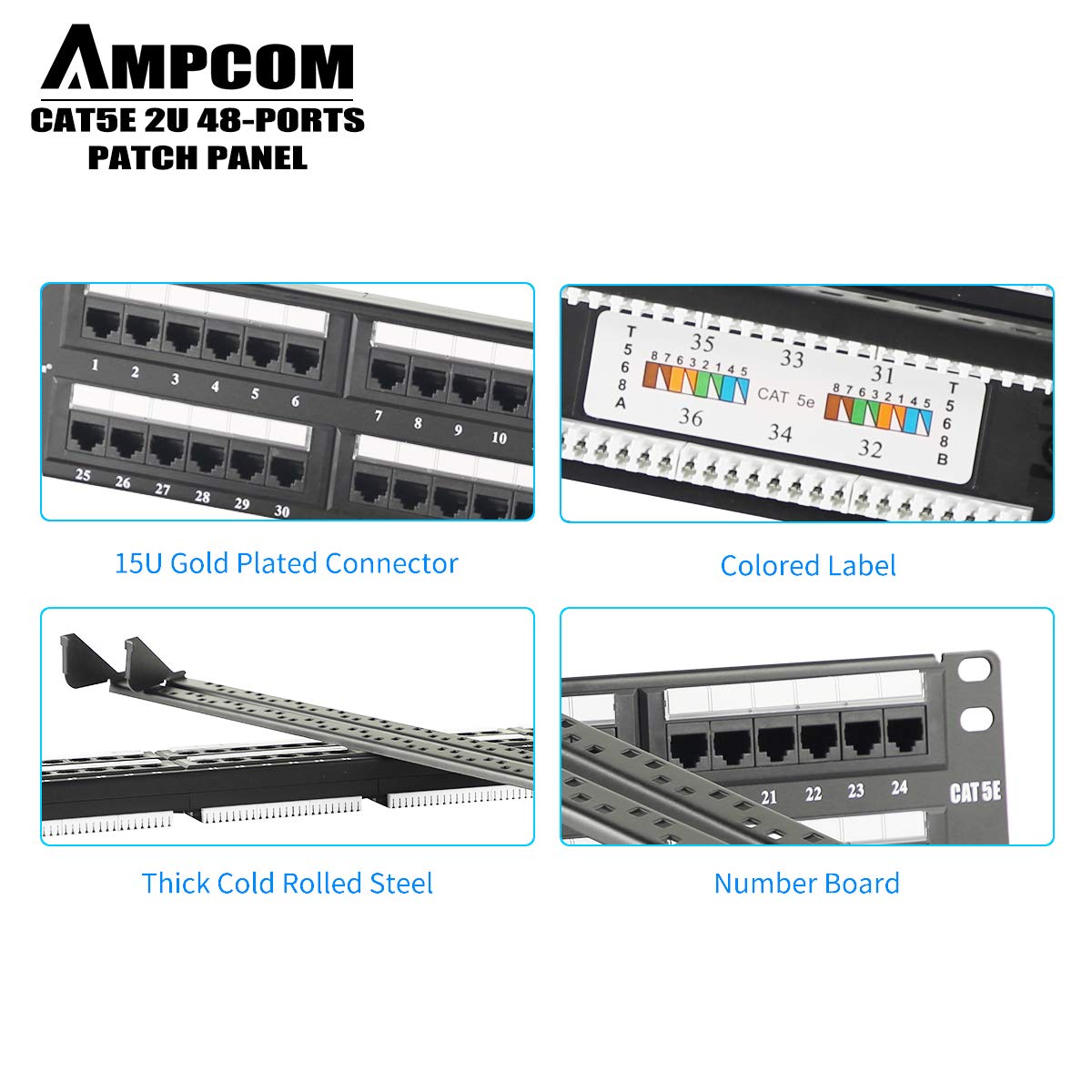 AMPCOM Premium Series CAT5/5e 48 Ports Patch Panel, Rack Mount - 2U, 19 inch, RJ45 Ethernet 568A 568B, 30u Gold Plated, with Rear Cable Support Bar