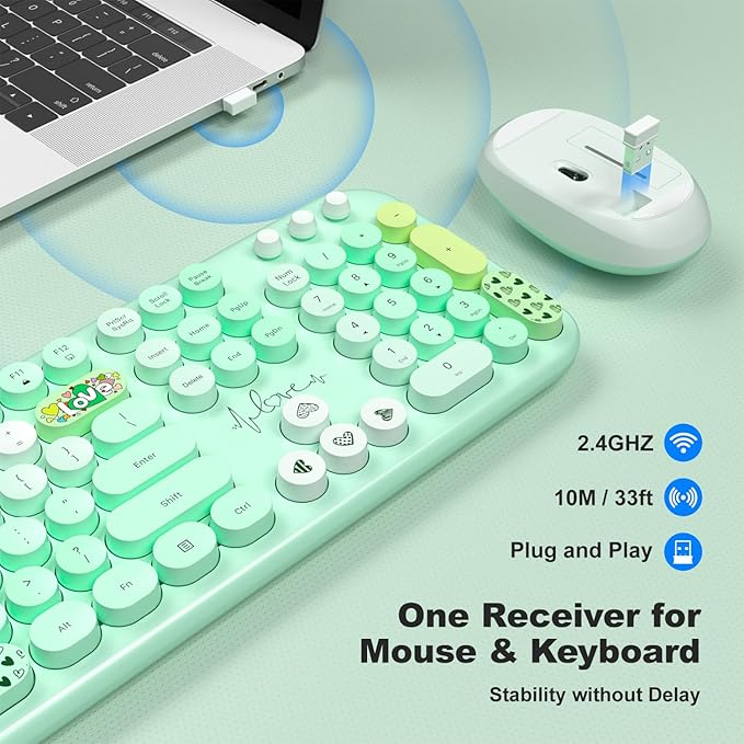KNOWSQT Wireless Keyboard and Mouse Combo - Lovely Green Rainbow Full-Sized Typewriter Colorful Keyboards, Round Keycap USB Plug Play Retro Cute Keyboards for Windows, Laptop, PC, Desktop, Computer