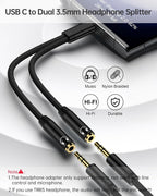 Headphone Splitter for 2 Headphones, USB C to Dual 3.5mm Female Aux Splitters for iPhone 17 17 Pro 16e, Google Pixel 10, Samsung Galaxy S25 Ultra, Audio Jack Adapter Earphone Connector - Black