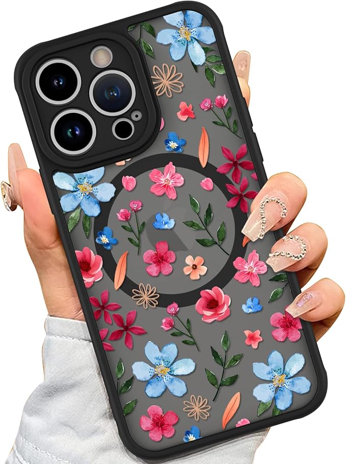 AIGOMARA Magnetic Case for iPhone 14 Pro [Compatible with MagSafe] Cute Pink Blue Flower Floral Pattern Soft TPU Bumper Hard PC Back Anti-Fall Shockproof Protective Slim Cover for Women Girls