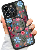 AIGOMARA Magnetic Case for iPhone 14 Pro [Compatible with MagSafe] Cute Pink Blue Flower Floral Pattern Soft TPU Bumper Hard PC Back Anti-Fall Shockproof Protective Slim Cover for Women Girls
