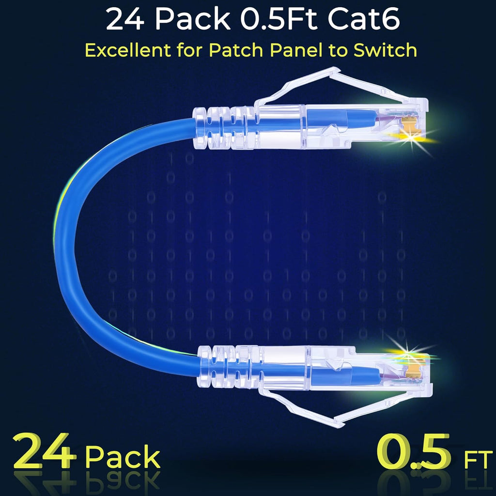 Rapink 24 Pack Cat6a Ethernet Patch Cables 0.5ft Blue, Supports 10G, Snagless, Slim, Ideal for Patch Panel to Switch, Data Center, Improves Airflow