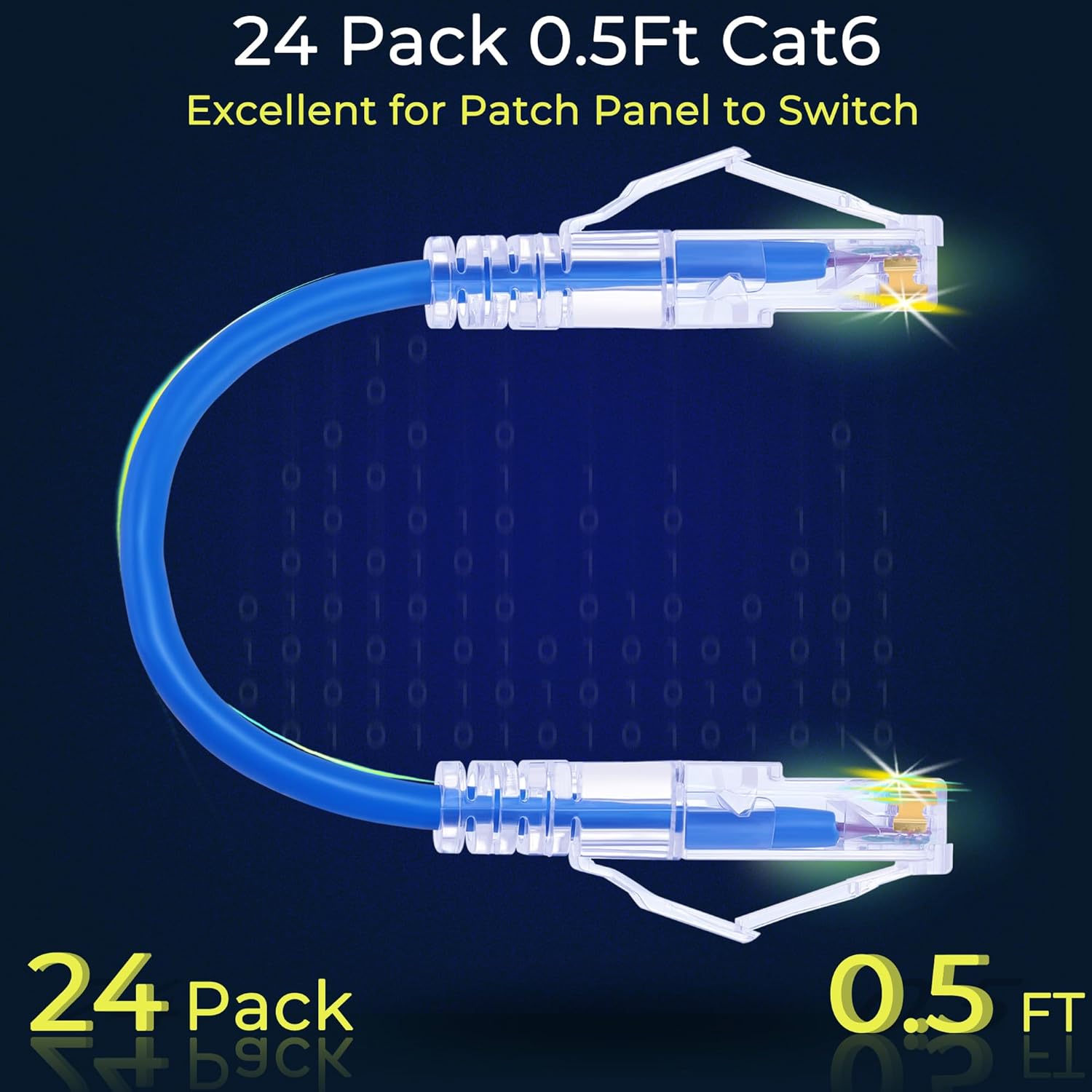 Rapink 24 Pack Cat6a Ethernet Patch Cables 0.5ft Blue, Supports 10G, Snagless, Slim, Ideal for Patch Panel to Switch, Data Center, Improves Airflow