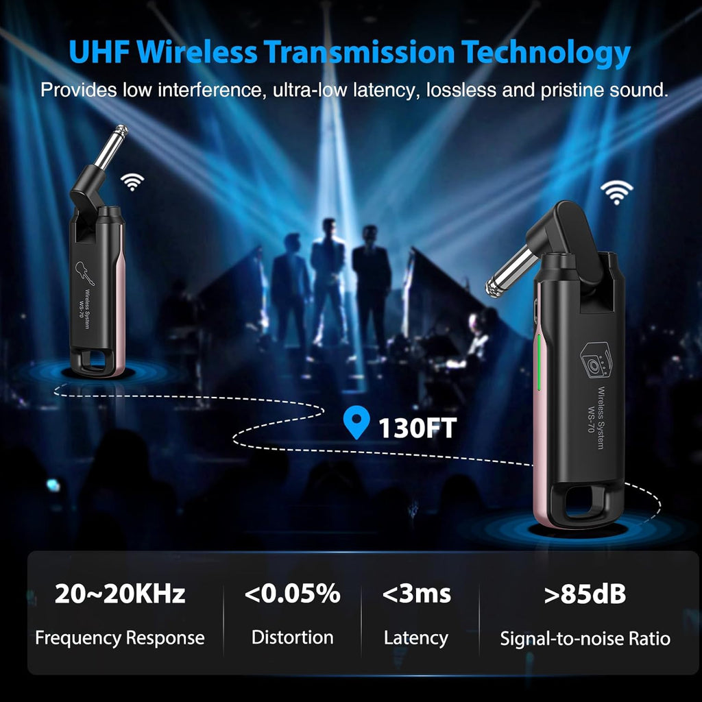 LEKATO Wireless Guitar System UHF Wireless Guitar Transmitter Receiver Rechargeable Audio Bass Cable with 70 Channels for Bass Electric Instruments(Pink)