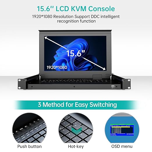 MT-VIKI 16 Port VGA KVM Console, 1U Rack Mount KVM Console w/15.6'' LCD Monitor, 1080P All-in-ONE LCD KVM Console Integrated Touchpad+Keyboard+Drawer+16 KVM Cables