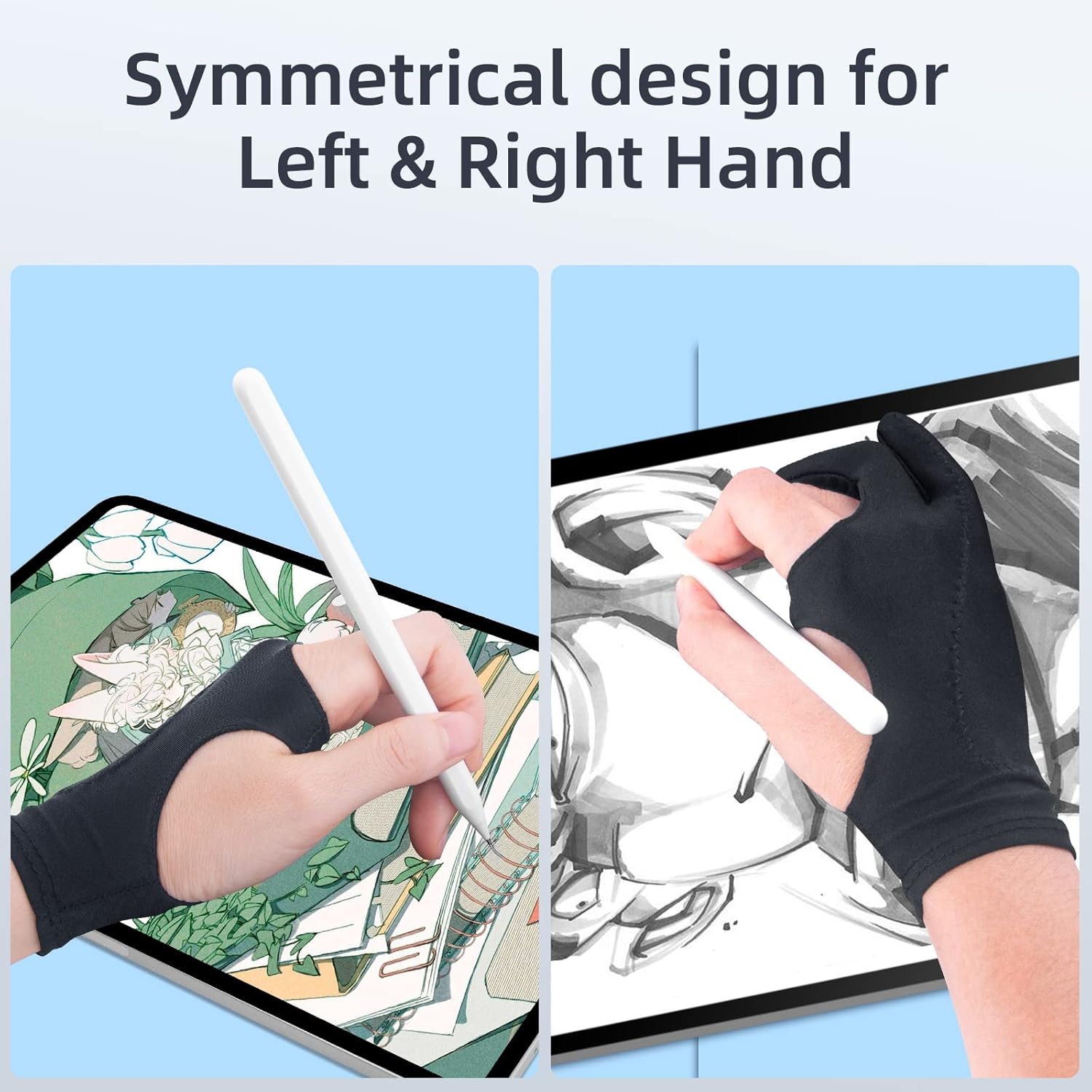 2-Pack Drawing Glove Palm Rejection for iPad Surface All Capacitive Touch Screen Artist Right/Left Hand Graphic Tablet, Graphics Monitor Digital Drawing Sketching, Inking, Coloring Two Finger Gloves