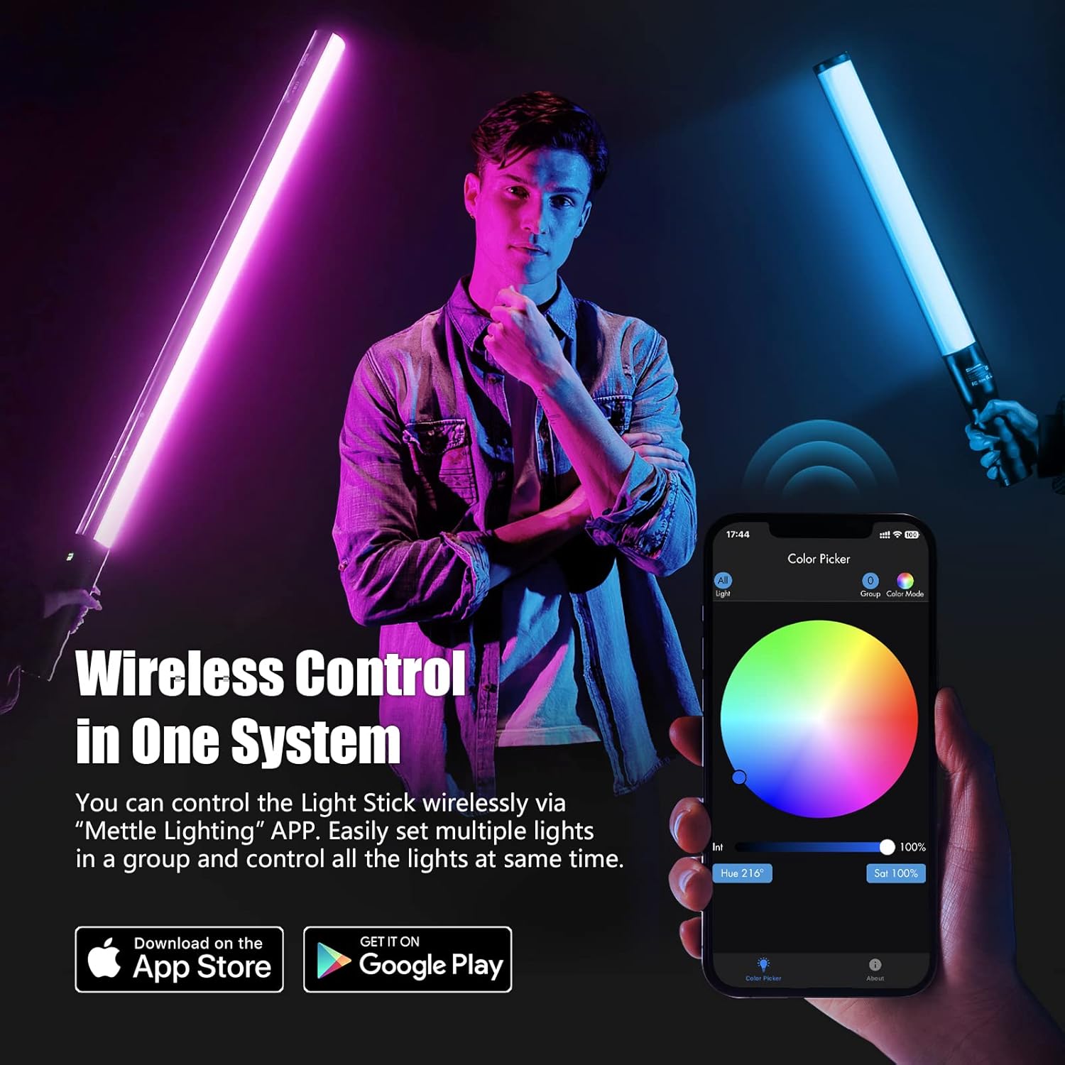 Mettlelite LS400C RGB LED Light Stick Full Color Continuous Output Video Light 2 ft with APP Control 2800K-8000K CRI96 TLCI97 RGB CCT HSI 10 Customizable Light Effects Built in Rechargeable Battery