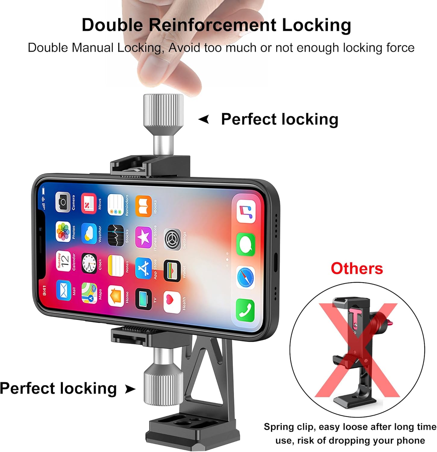 Peastrex Metal Phone Tripod Mount Extra Deep Clamp with Arca Port Cold Shoe 360°Ball Head Cellphone Tripod Adapter for iPhone Galaxy Smartphone Stand Holder for Vlogging Video Camera Monitor