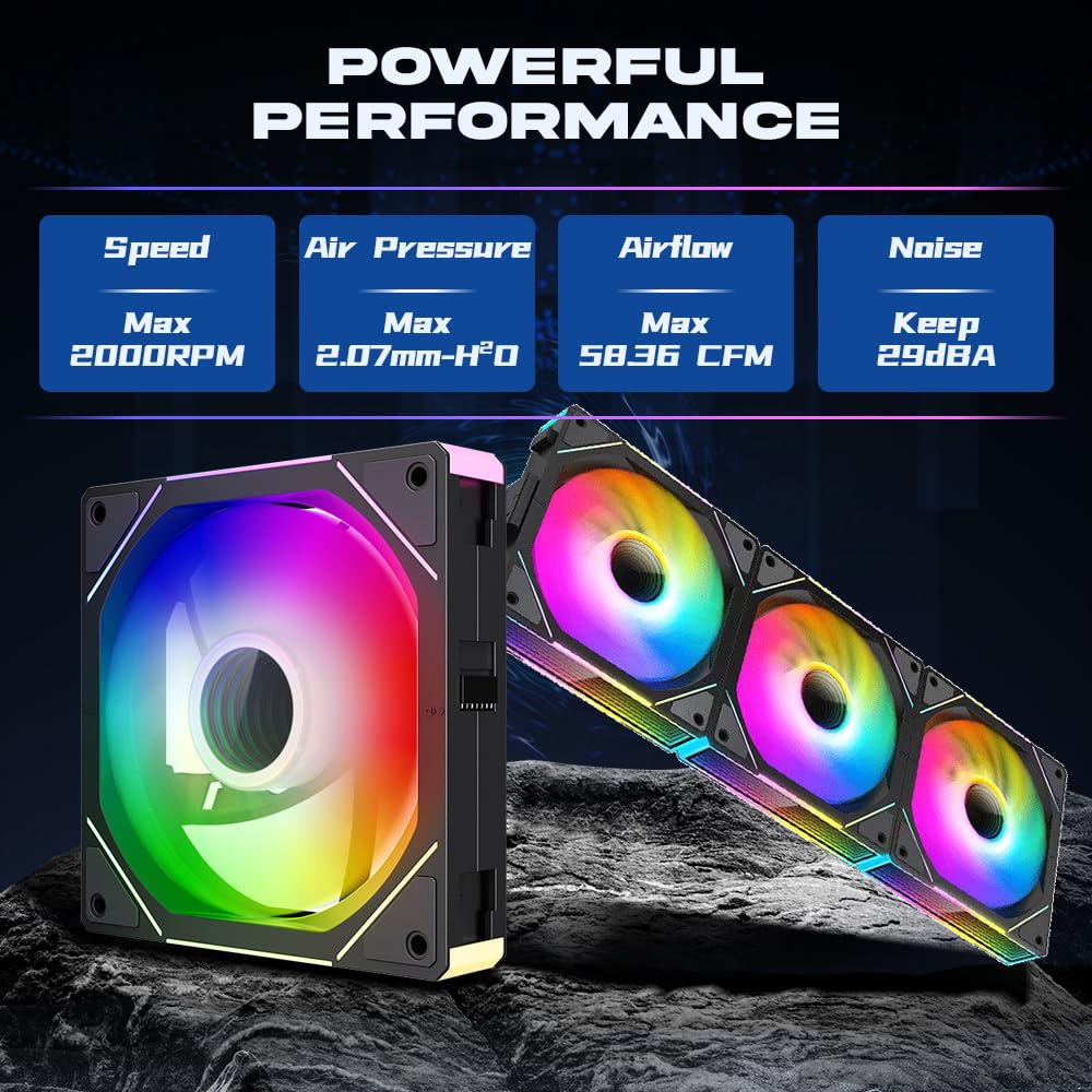 Jungle Leopard Interstellar V1 120mm Case Fan, Infinity Mirror Module Daisy-Chain 5V ARGB PWM PC Fan Triple Pack Suitable for Computer Case & CPU Cooling(Black-3 Pack)