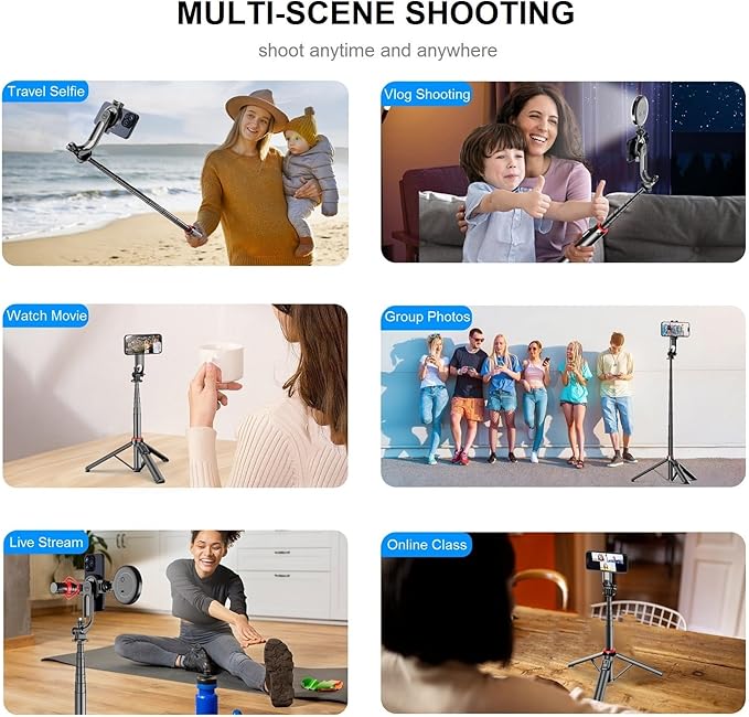 Magnetic Selfie Stick Tripod for iPhone, 51" Phone Tripod Compatible with Magsafe, Travel Selfie Stick for iPhone 16 15 14 12 Series Android Phone Stand Camera Holder for Video Recording