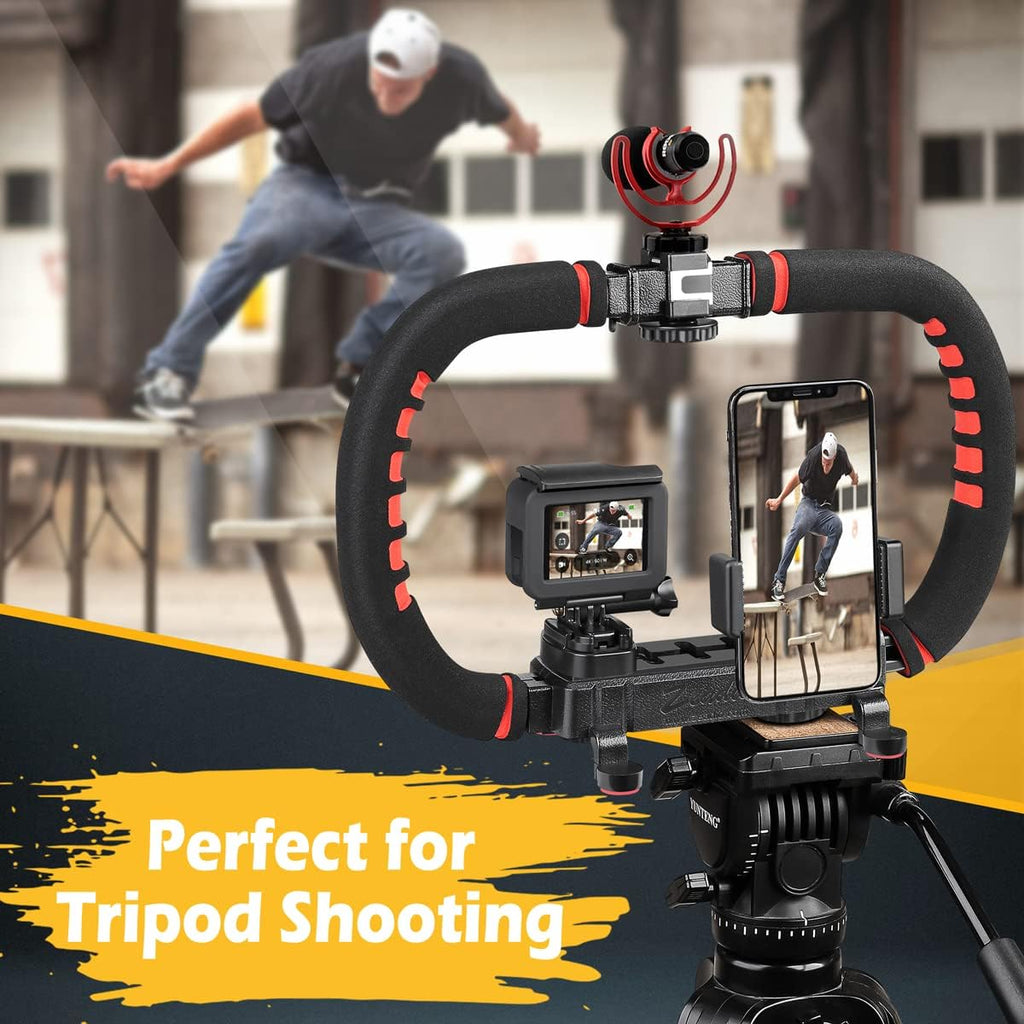Zeadio Camera Smartphone Stabilizer, Handle Grip Handheld Video Rig, Compatibility with All Camera, Camcorder, Action Camera, DSLR and for All iPhone and Android Smartphones