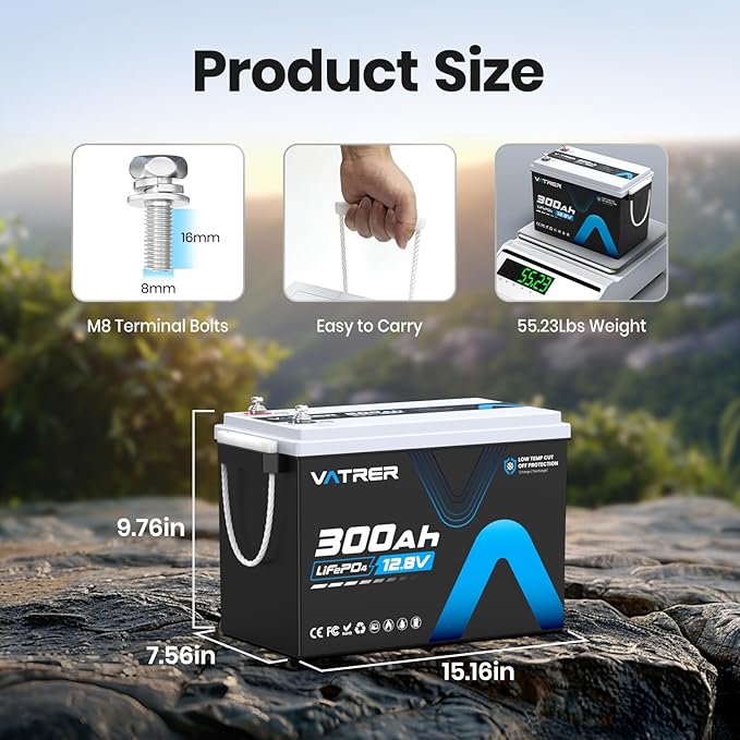 12V 300AH Low Temp Cutoff LiFePO4 Battery, Built in 200A BMS, Max 2560W Power Output, 5000+ Cycles Rechargeable Lithium Deep Cycle Battery, Perfect for RV/Camper, Backup Power, Solar and Off Grid