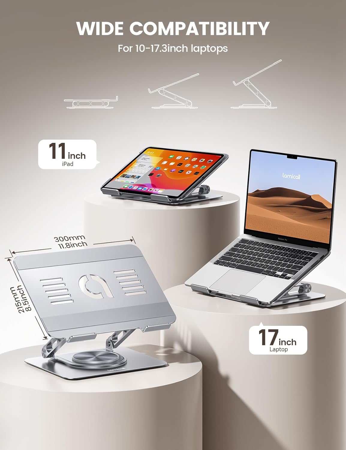Lamicall Adjustable Laptop Stand for Desk - 360 Rotating Base Ergonomic Computer Stand, Aluminum Laptop Riser Foldable Protable for Office Home fits MacBook Air Pro, Dell, HP (10-17.3'') -Sliver