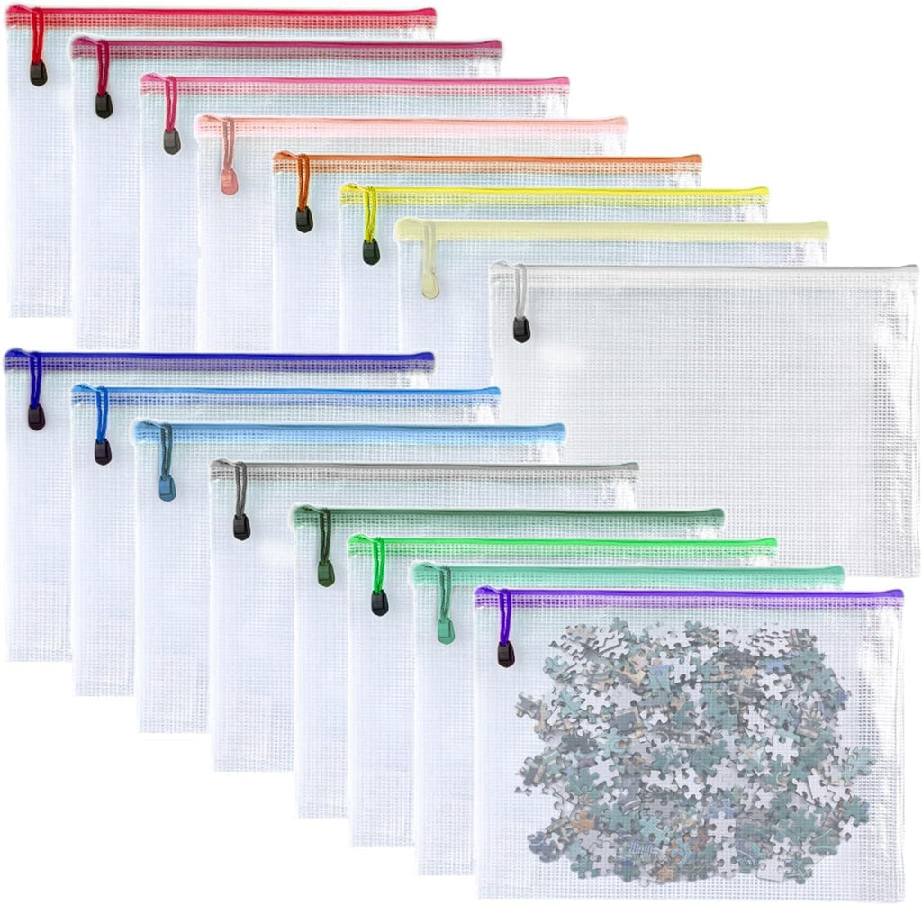 Oaimyy-16 PCS-12 x 16 Inches-Mesh Zipper Pouch, Plastic Zip File Folders Puzzle Bags for Organizing,for Office Supplies,Travel,Home Storage-Multicolor, 12"x 16"