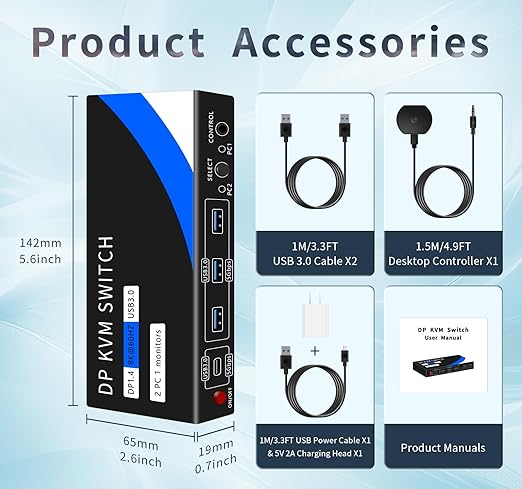 kvm Switch 1 Monitors 2 Computers 8K@60HZ，4K@120HZ，4 Port USB3.0（with 1 USB C,displayport kvm switches,dp kvm Switch 2 Computers 1 Monitor,Supports Multiple Operating Systems.