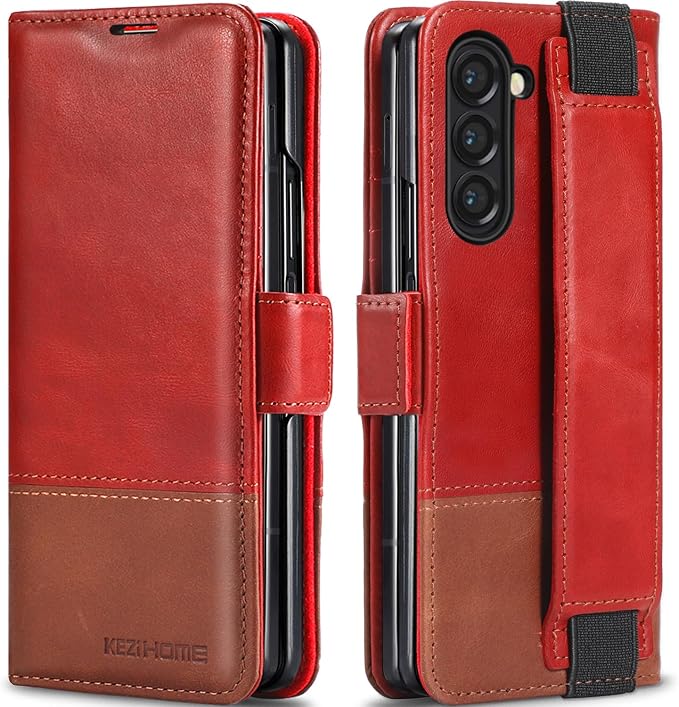 KEZiHOME for Samsung Galaxy Z Fold 6 Case, Genuine Leather Z Fold6 Wallet Case [RFID Blocking] with Card Slots Stand Flip Protective Phone Cover Compatible with Samsung Z Fold 6 5G (Red/Brown)