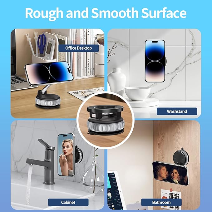 Vacuum Suction Magnetic Phone Holder, 2025 Upgraded Foldable Retractable Suction Cup Mount Magnetic Phone Mount for Your Car, 360° Adjustable Cell Phone Stand for Cars /Gyms/Mirrors/Smooth Surface