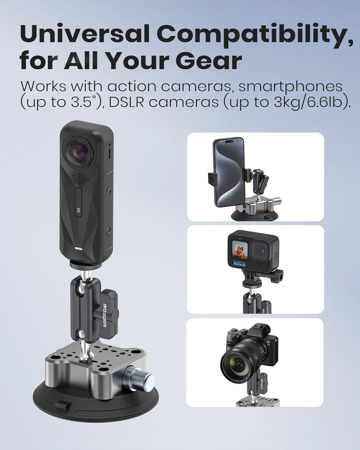 4.5" Suction Cup Camera Mount Universal Car Mount for Osmo 360 Camera, Phones, for Go-pro, for Insta360 Action Cams with 3.84" Magic Arm