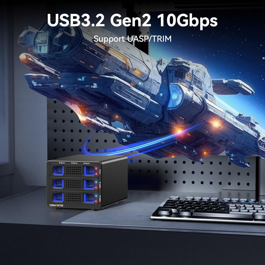 Hybrid 2*2.5/3.5" SATA HDD/SSD(Support RAID 1/0/JBOD/NORMAL)+3* M / B+M Key M.2 NVMe Enclosure with Fan, USB A/C 3.2 Gen 2, Hard Drive Enclosure Support 68TB(2*22TB HDD+3*8TB 2230/42/60/80/110 SSDs)