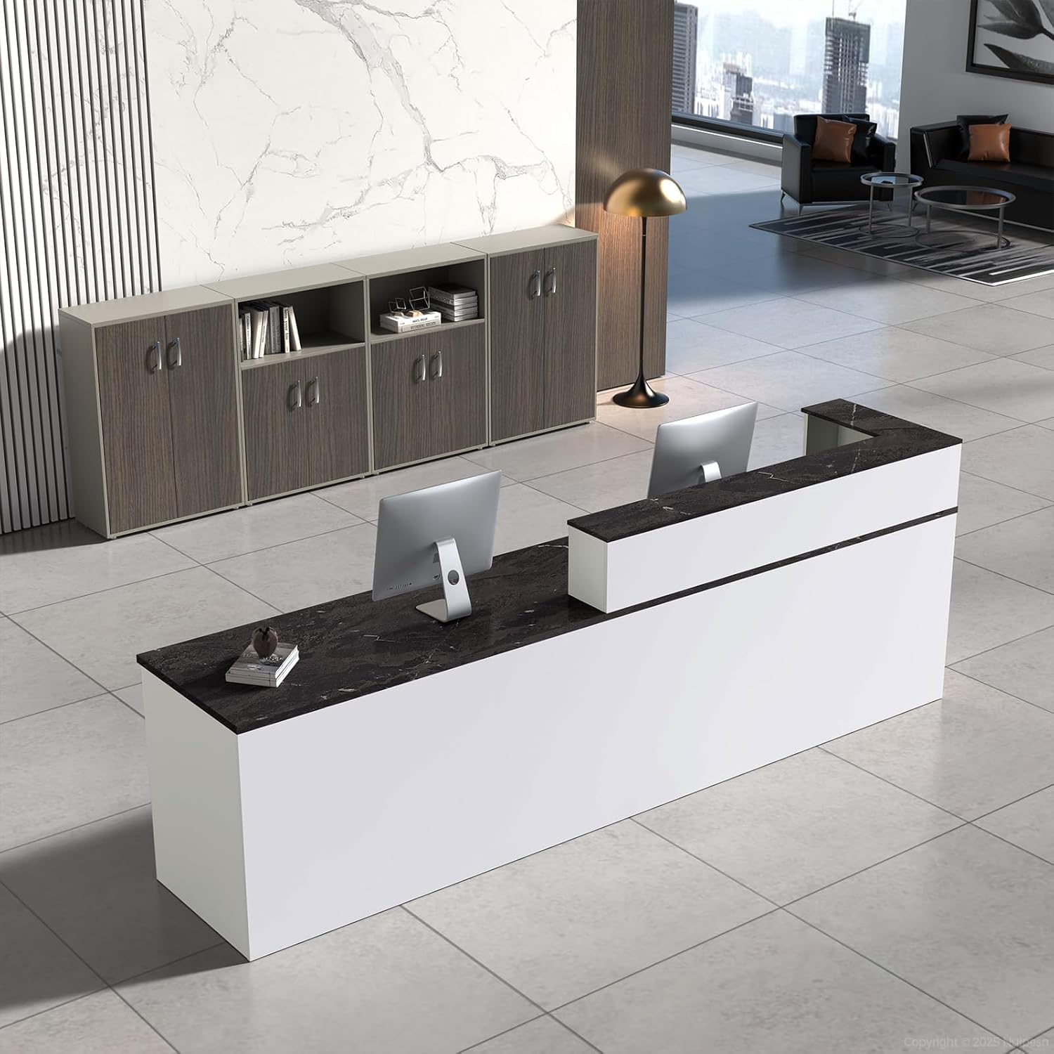 Reception Desk with Counter, Modern Front Desk Reception Counter with Keyboard Tray, Lockable Drawer and Storage Shelves for Office, Retail, Salon (White+Black/Left, 71" L*24" W*39" H)