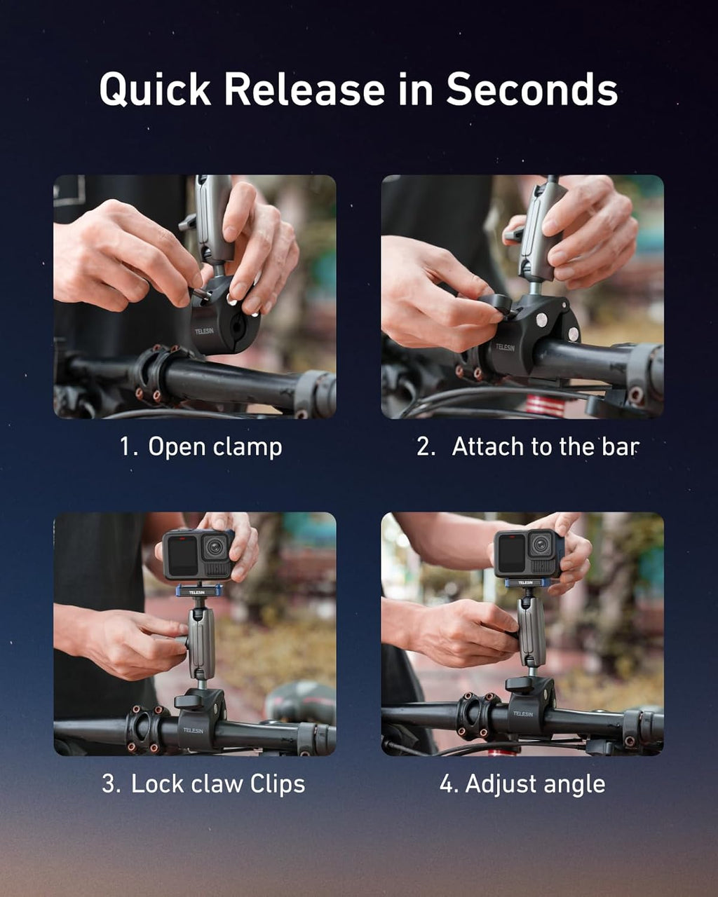 TELESIN Super Clamp Mount | Bike Handlebar Mount for Hero 13 | Power Suction Magnetic Design | 360° Rotation Ball Head | Fits 9-38mm Handlebar for Bike/Bicycle/Motorcycle