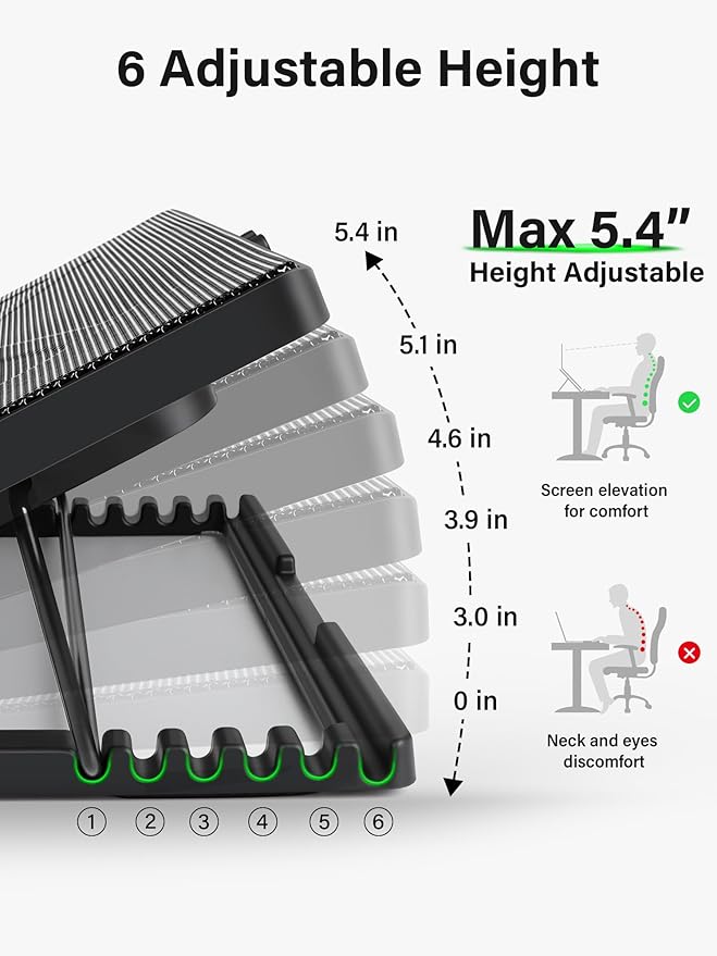 Kootek Laptop Cooling Pad, Laptop Cooler with 5 Quiet Fans for 12"-17" Computer PC Notebook Gaming Laptop Fan, Height Adjustable Laptop Cooling Stand Laptop Accessories, Green