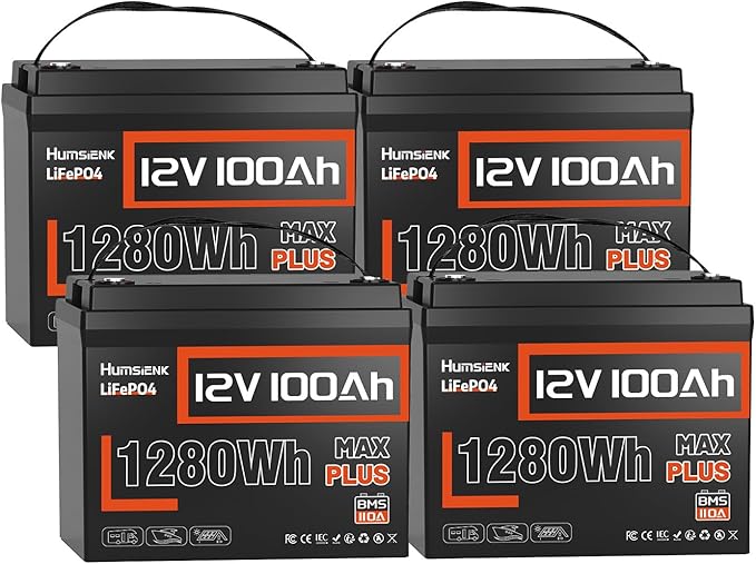 12V 100Ah LiFePO4 Battery MAX PLUS 4 Pack - 110A BMS with Low Temp Cutoff | 15000+ Deep Cycles for RV Solar Marine Trolling Motor | Off-Grid Backup Power Rechargeable Lithium Iron Phosphate Battery