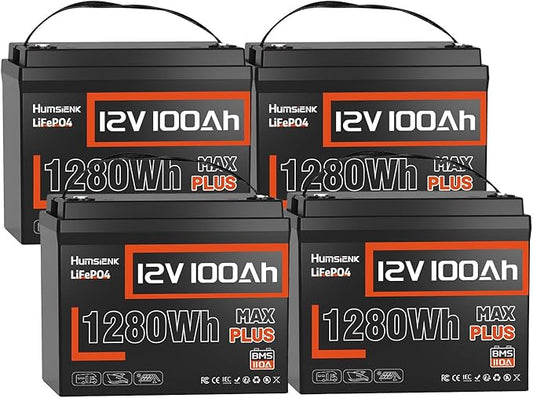 12V 100Ah LiFePO4 Battery MAX PLUS 4 Pack - 110A BMS with Low Temp Cutoff | 15000+ Deep Cycles for RV Solar Marine Trolling Motor | Off-Grid Backup Power Rechargeable Lithium Iron Phosphate Battery