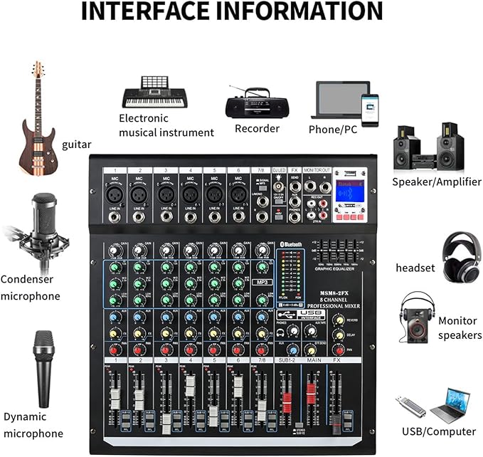 Dj Mixers 8 Channel Audio Mixer Sound Board with Bluetooth, Usb Audio Interface with 48V Phantom Power Sounds Mixer Board with FX Reverb Delay Effect for Streaming