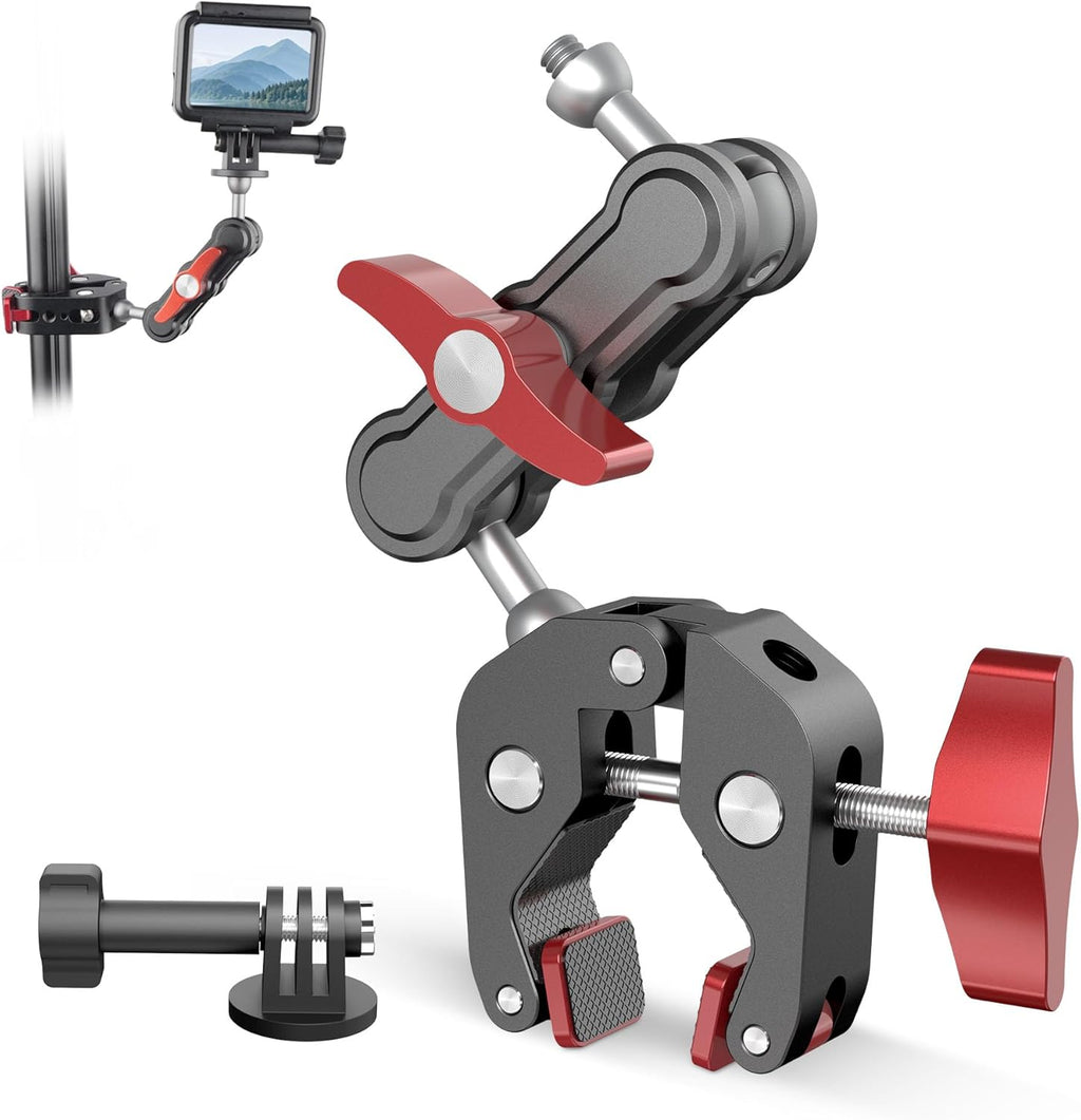 Camera Clamp Mount & 360°Ball Head Magic Arm with Adapter for Go pro, Aluminum Double Ball Head Adapters, Heavy Duty Super Clamp with 1/4"-20 & 3/8"-16 Thread -SJ008