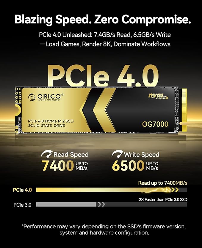 ORICO OG7000 4TB PCIe Gen4 NVMe SSD, Up to 7400MB/s, 8-Channel Controller, Graphene Thermal Solution, Ideal for 4K Video Editing, 3D Rendering, Content Creation, Compatible with PS5 and PC