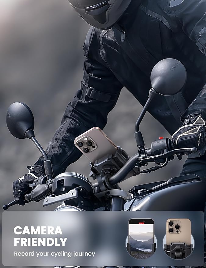 Lamicall Motorcycle Bike Phone Mount - [No Block Camera] [1s Lock] Bike Cell Phone Holder Clamp, Bicycle Scooter Handlebar Clip, for iPhone 16 15 14 Pro Max, Galaxy S25 S24 Ultra, 4.7-7" Phones