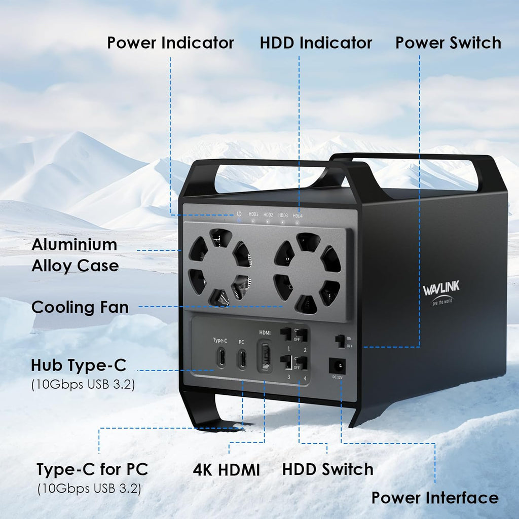 WAVLINK 4-Bay Hard Drive Enclosure for 3.5" and 2.5'' SATA HDD/SSD Featuring 10Gbps USB-C 3.2, Max 88TB Capacity, Built-in Temp-Controlled Cooling Fans, 4K HDMI Stunning Video Output, Aluminum Shell