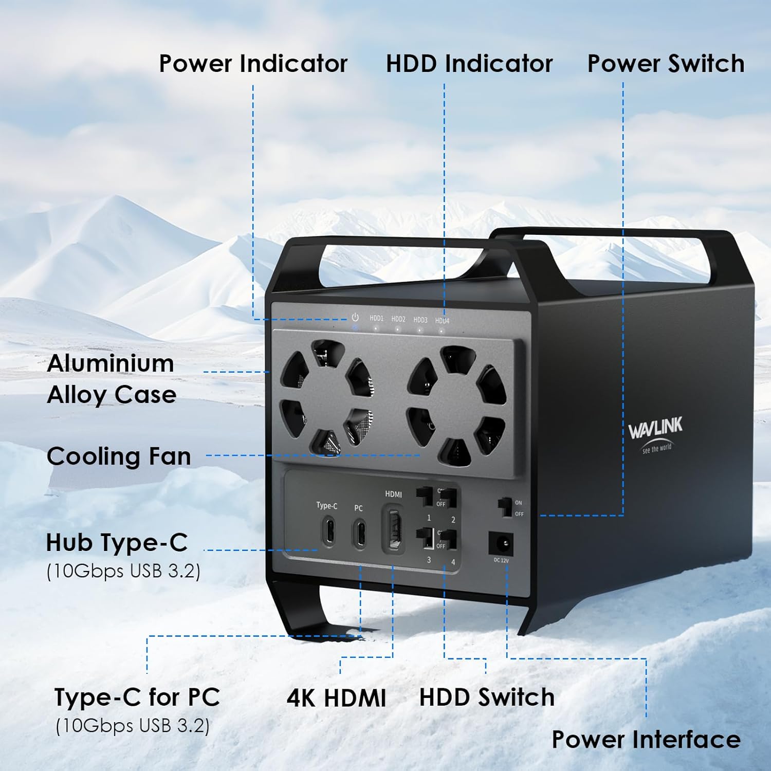 WAVLINK 4-Bay Hard Drive Enclosure for 3.5" and 2.5'' SATA HDD/SSD Featuring 10Gbps USB-C 3.2, Max 88TB Capacity, Built-in Temp-Controlled Cooling Fans, 4K HDMI Stunning Video Output, Aluminum Shell
