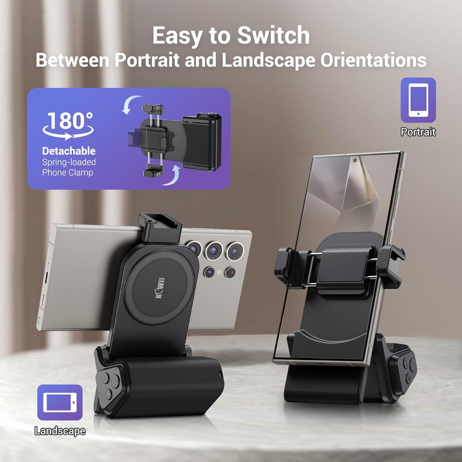 KIWIFOTOS Universal Phone Camera Grip Phone Tripod Mount with Remote Control & Cold Shoe Adapter for iPhone 16 Pro Max Samsung Travel Selfie Vlog Video Shooting Camera Grip