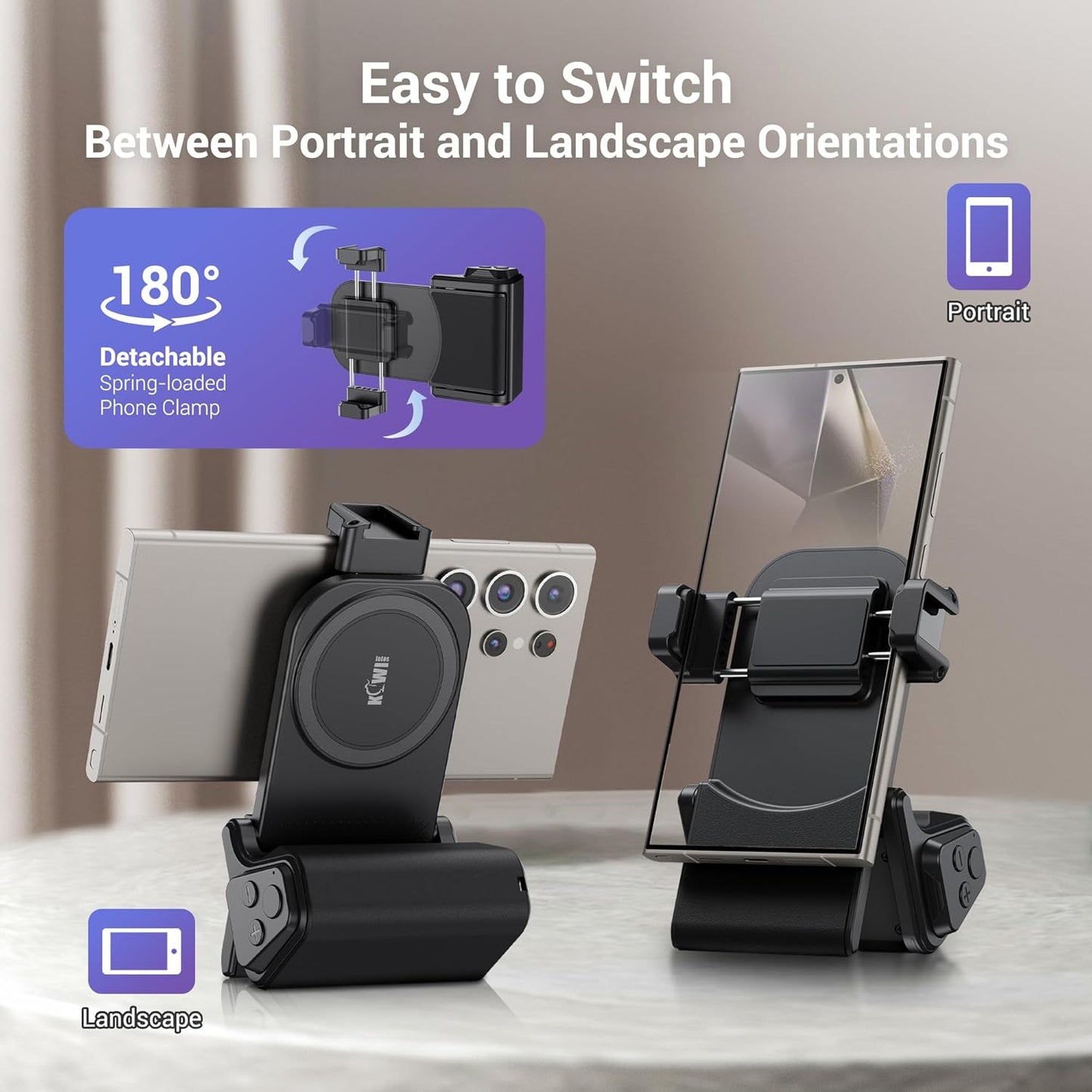 KIWIFOTOS Travel Phone Camera Grip Smartphones Tripod Handle with Remote Control & Cold Shoe Mount for iPhone 16 15 14 Pro Max Samsung S24 S25 Selfie Vlog Video Shooting