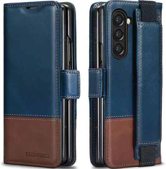KEZiHOME for Samsung Galaxy Z Fold 6 Case, Genuine Leather Wallet Case [RFID Blocking] with Card Holder Stand Folio Protective Phone Cover Compatible with Galaxy Z Fold6 5G (Royal Blue/Brown)