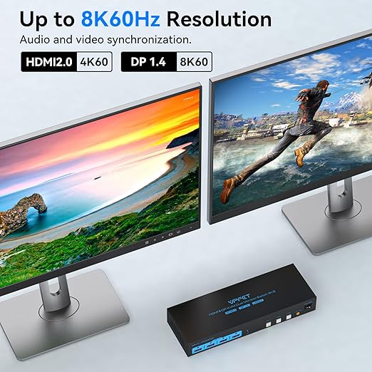 HDMI2.0+ Displayport1.4 KVM Switch 2 Monitors 3 Computers USB 3.0 KVM 8K & 4K Swicthes for 3 Computer Share Dual Monitor and 1 Set of Keyboard Mouse Printer and U Disk. Two USB Cables Included.