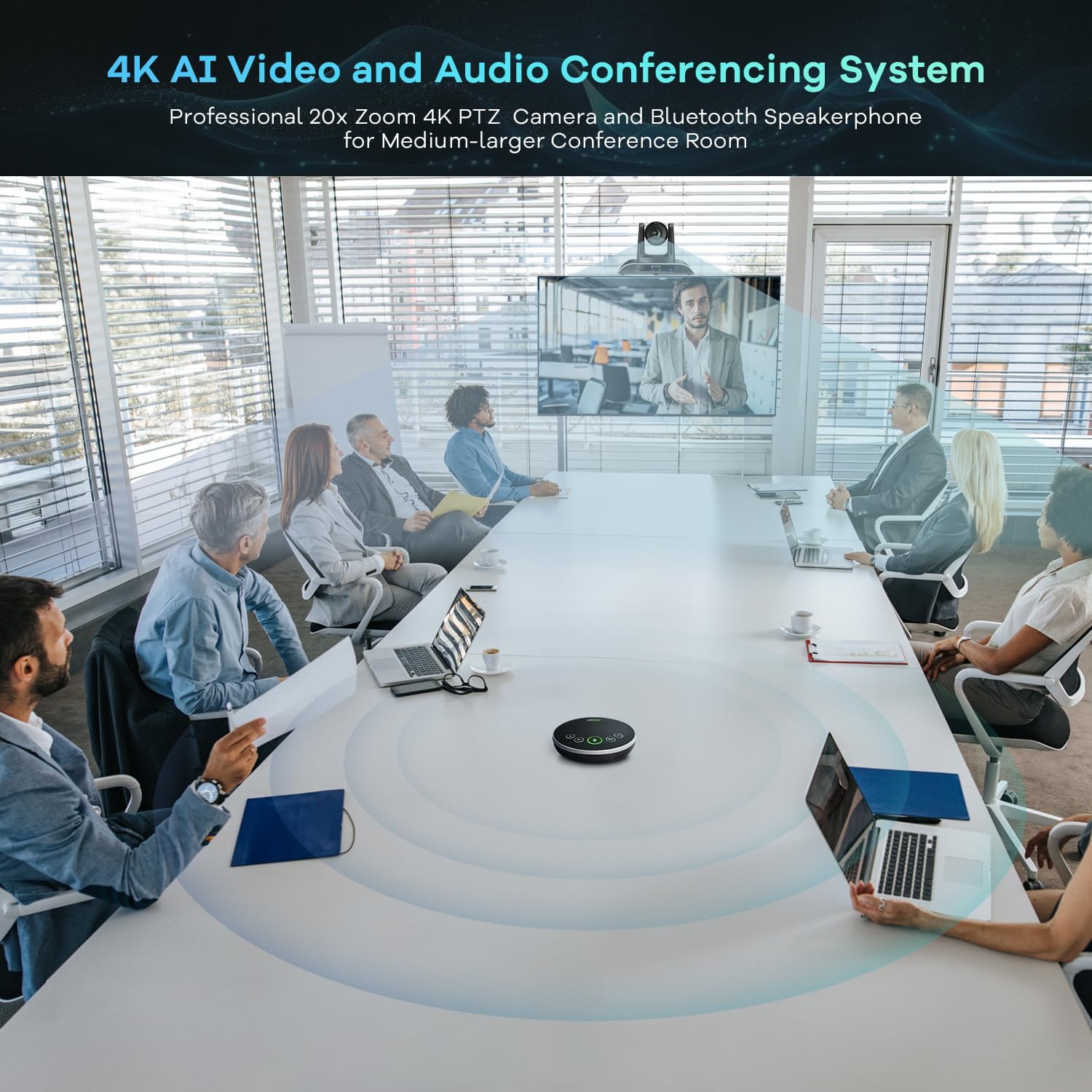 TONGVEO 4K PTZ Conference Room Camera System AI Auto-Tracking 20x Zoom 4K PTZ Camera USB3.0 HDMI LAN outputs and Bluetooth Speakerphone with Microphone for Large Remote Meeting