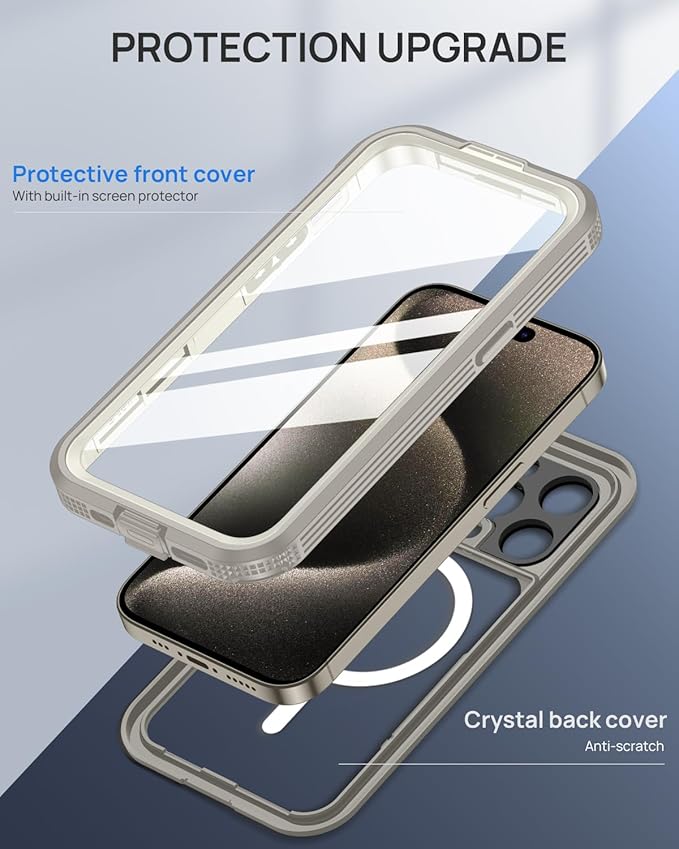 Lanhiem Magnetic for iPhone 15 Pro Case, IP68 Waterproof Dustproof Case, [Compatible with Magsafe] [Built-in Screen Protector] Full Body Heavy Duty Rugged Phone Cover 6.1 inch, Natural