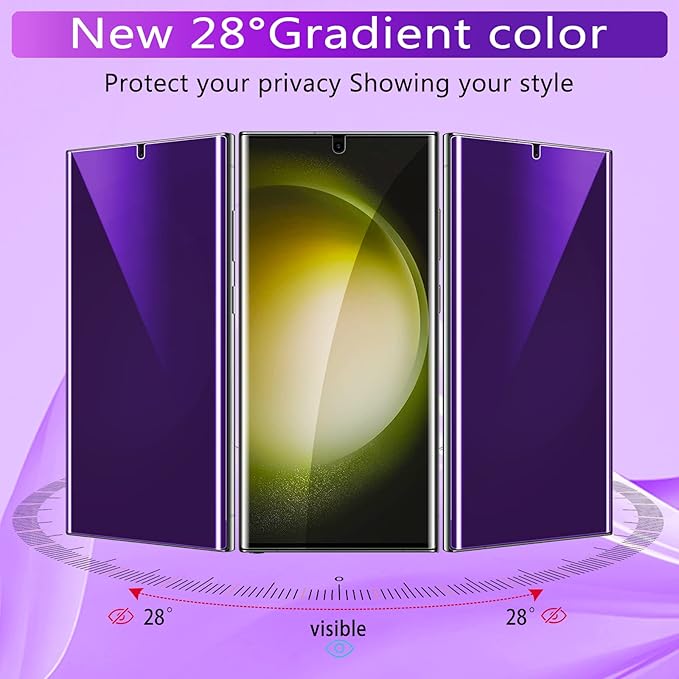 [2+2 Pack] Lesakit Anti-Blue Light Privacy Screen Protector for Samsung Galaxy S23 Ultra 6.8 inch with 2 Pack Camera Lens Protector, [Support Fingerprint ID] Anti Spy TPU Flexible Screen Protector- Purple