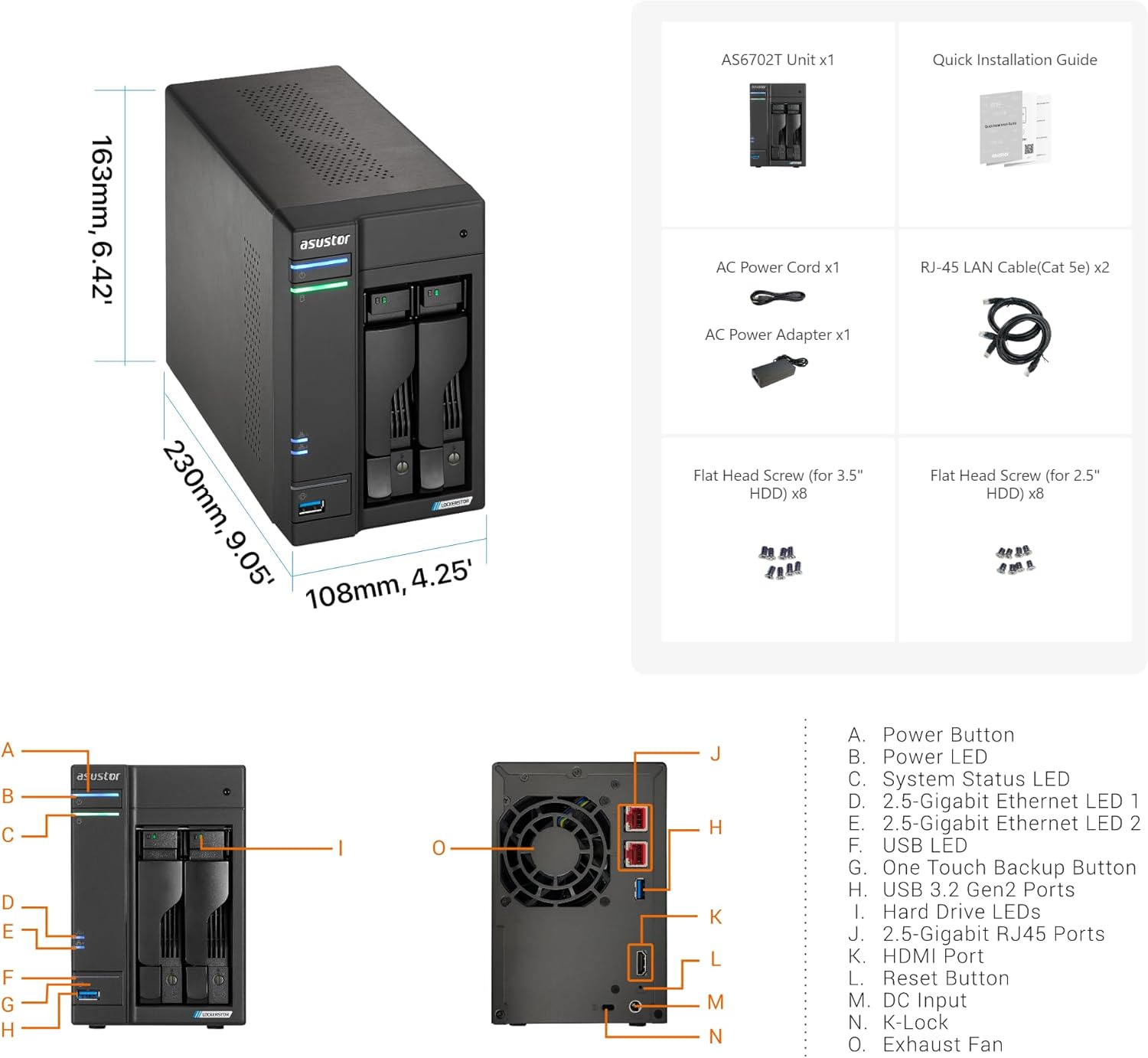 Asustor Lockerstor 2 Gen2 AS6702T - 2 Bay NAS, Quad-Core 2.0 GHz CPU, 4x M.2 NVMe slots (PCIe 3.0), Dual 2.5GbE, 4GB DDR4 RAM, Network Attached Storage (Diskless)