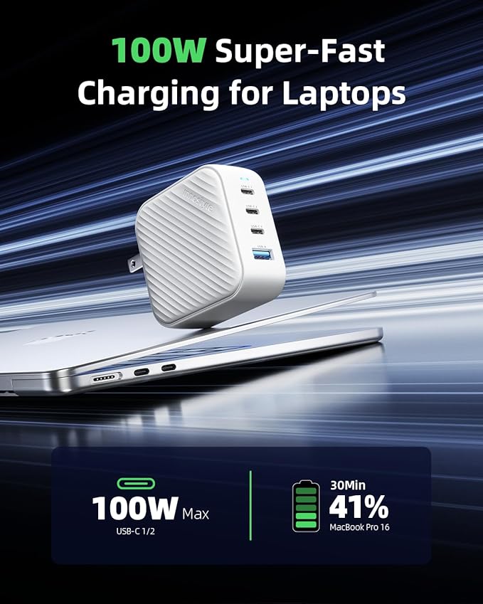 100W USB C Charger 4 Port GaN Wall Charger Block Compact Power Adapter with Folable Plugs for MacBook Air/Pro, Laptop, Tablet, iPad, iPhone, Samsung Galaxy, Apple Watch and More