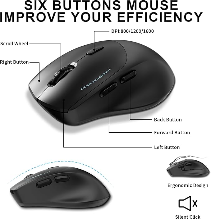 Wireless Keyboard and Mouse Combo, Full Size Wave Keys Ergonomic 2.4G Keyboard with Wrist Rest for Natural Typing, 3 DPI Adjustable Ergonomic Silent Mouse for Computer/Laptop/Windows/Mac (Black)