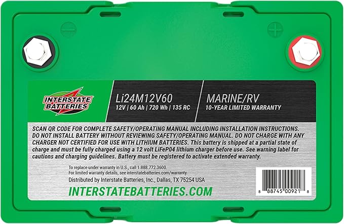 Interstate Batteries 12V 60Ah Group Size 24M Lithium Deep Cycle LiFePO4 Marine/RV Battery, Maintenance Free, Lightweight, Ideal For Boats, RV Camping, Off-Grid, Yachts (Li24M12V60)