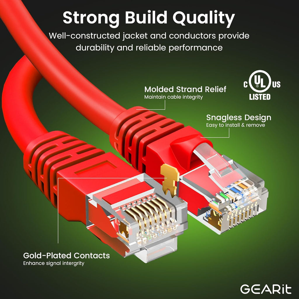 GearIT Cat 6 Ethernet Cable (24-Pack 3 Feet) Cat6 Network Patch, 10Gbps, RJ45, Snagless Cord, Gold-Plated Connectors, Internet for PC, TV, Tablet, Router, Printer, Servers, IT Data Center - Red